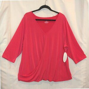 Faux Wrap Twisted Hem V-Neck Surplice Top 2X Stretch 3/4 Sleeve Bright Salmon